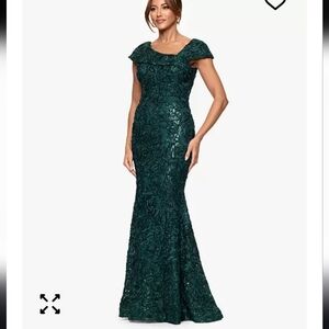 $259 XSCAPE Soutache Cap Sleeve Asymmetric Neck Long Dress Sz 4 Green Old Money